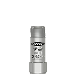 A stainless steel AC971 intrinsically safe, top exit mini accelerometer engraved with the CTC line logo, product number, serial number, and hazardous area certification markings.